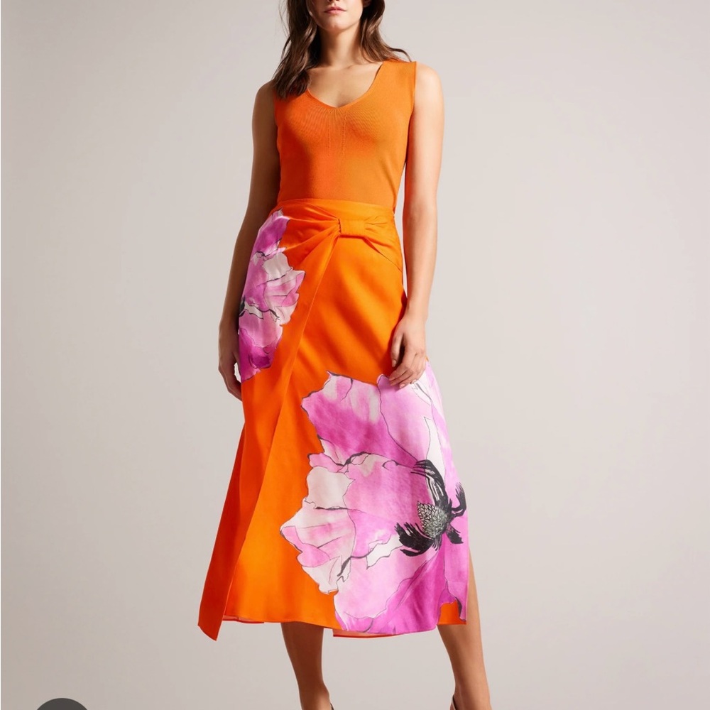Ted Baker London Orange Maxi Skirt with Pink Floral Design